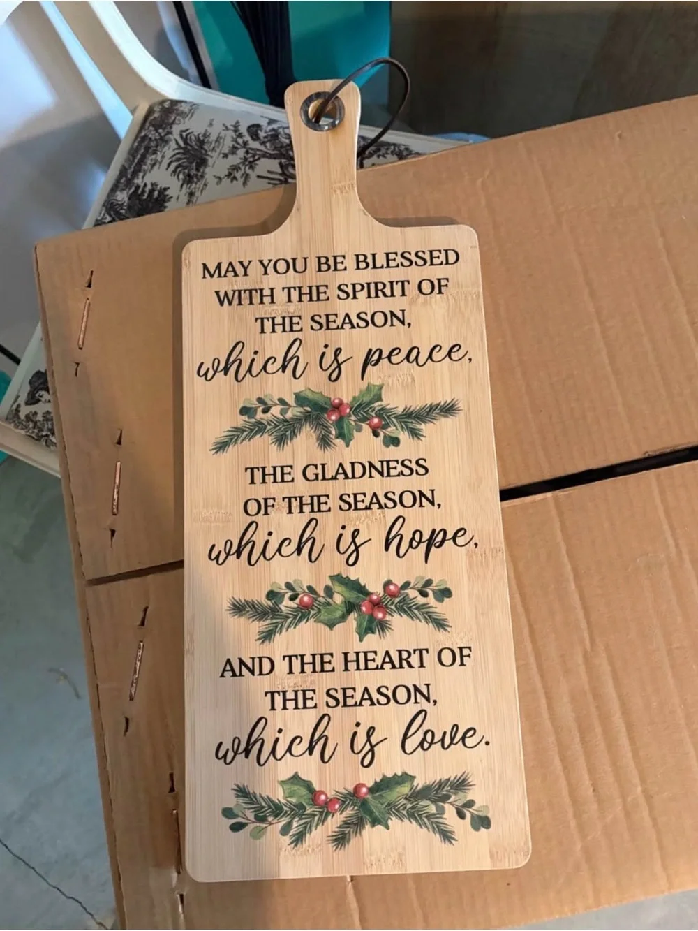 Holiday Wooden Serving Board - Natural with Green and Red Accents